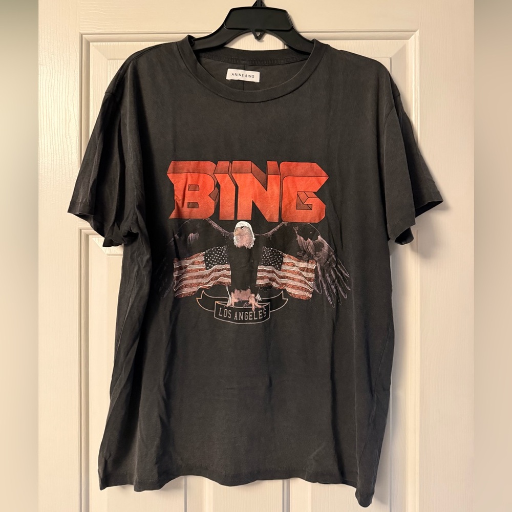 Anine Bing Charcoal Graphic Tee with Eagle Design